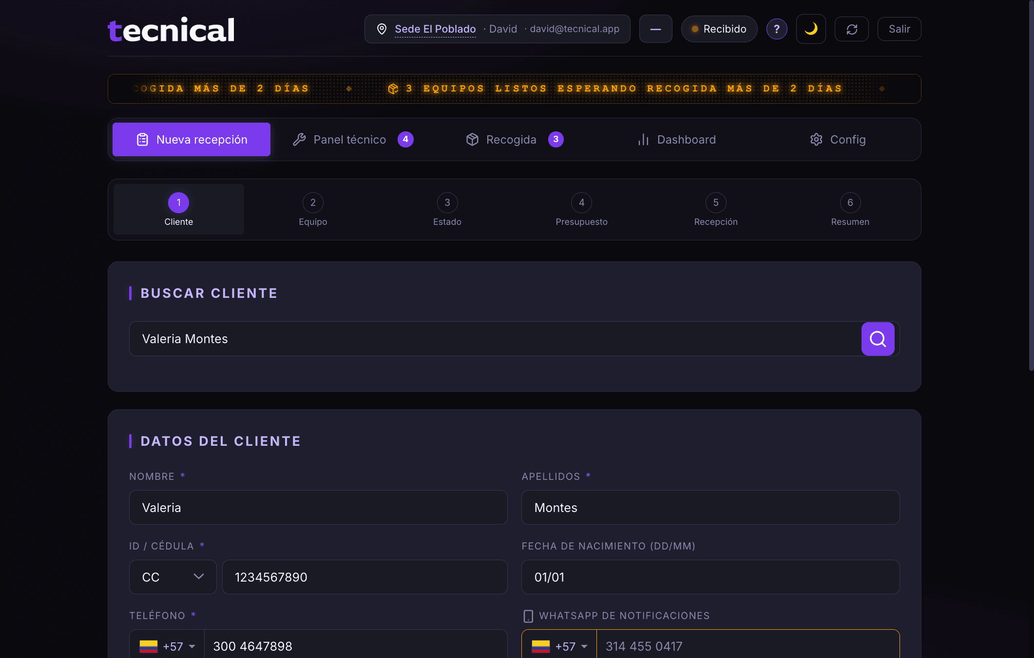 Nueva recepción de tecnical.app con la orden 0001236, navegación superior, stepper completo y formulario de cliente parcialmente diligenciado.